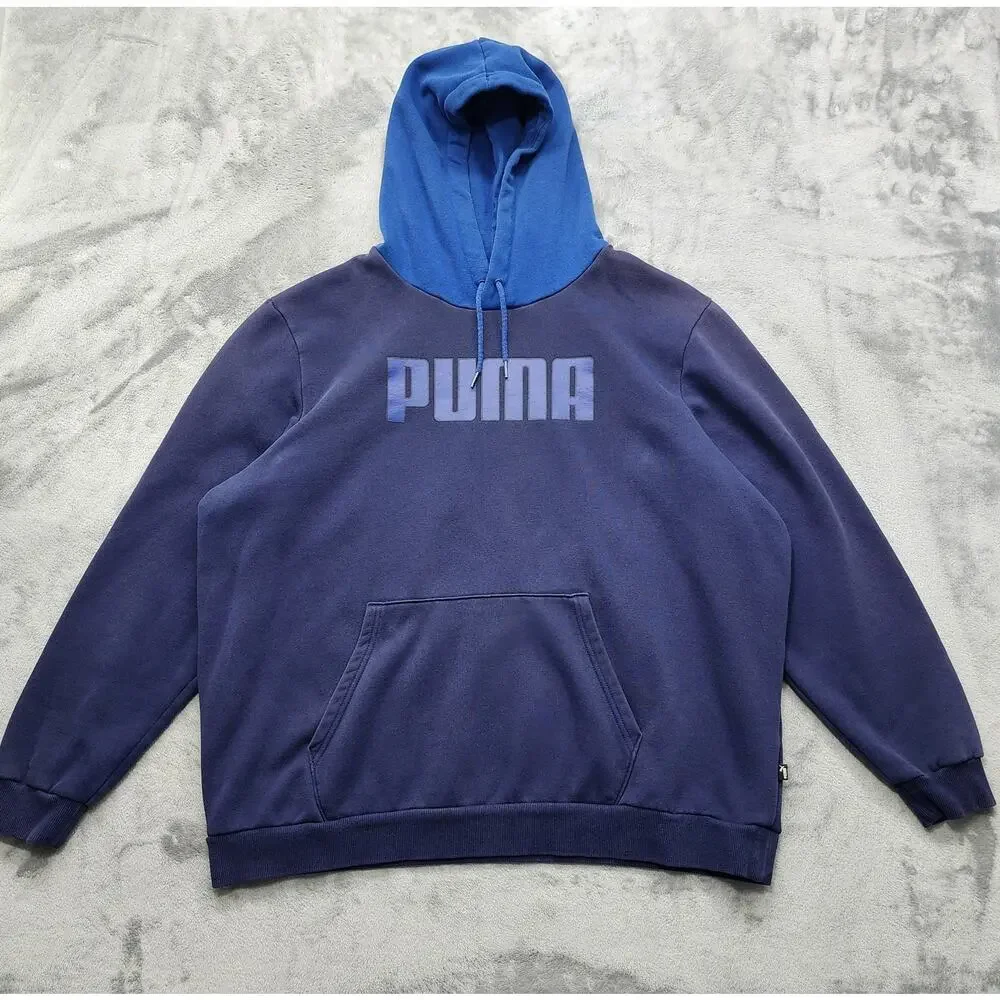 Puma Hoodie Mens XXL Blue Color Block Pullover Sweatshirt Logo Sporty Athleisure